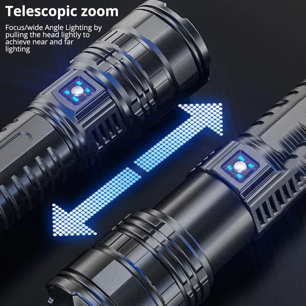 Powerful 10000 Lumen LED camping torch. Rechargeable flashlight for hiking, outdoor adventures & emergency kits.