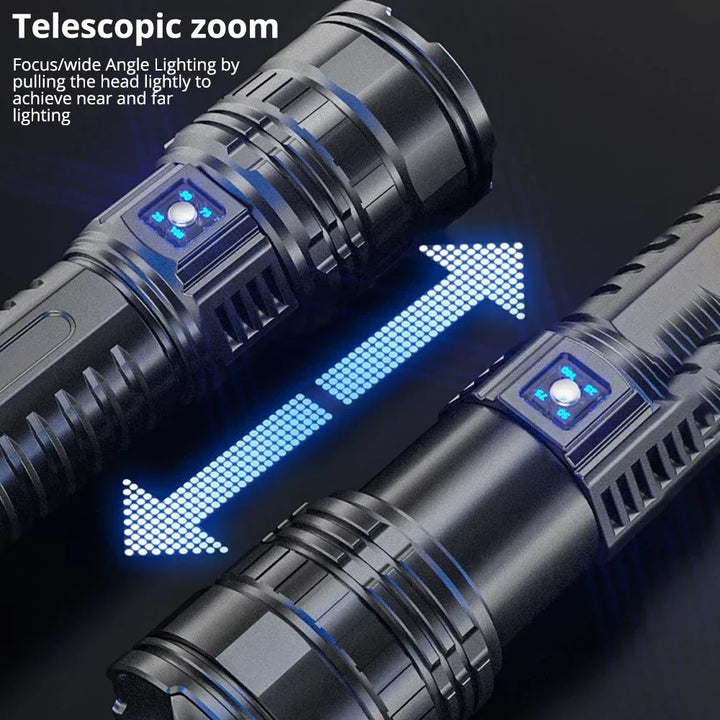 Powerful 10000 Lumen LED camping torch. Rechargeable flashlight for hiking, outdoor adventures & emergency kits.