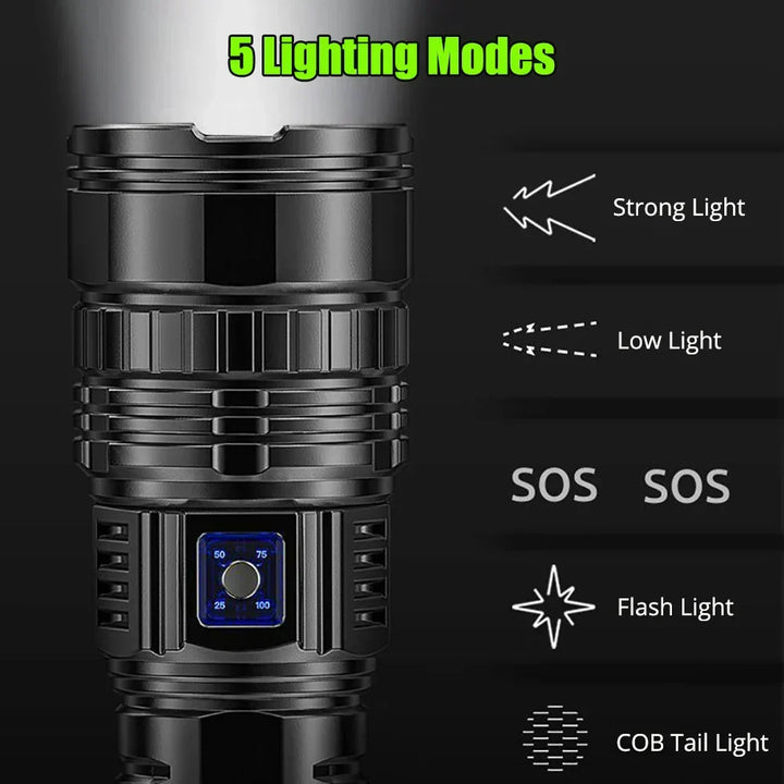 Bright 10000 Lumen rechargeable LED torch. Versatile flashlight for outdoor, camping, hiking, & emergency use.