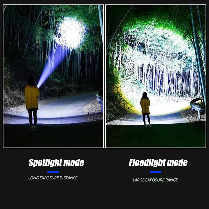 User holding 10000 Lumen Rechargeable LED Torch. Bright beam illuminates dark trail for camping & hiking safety.