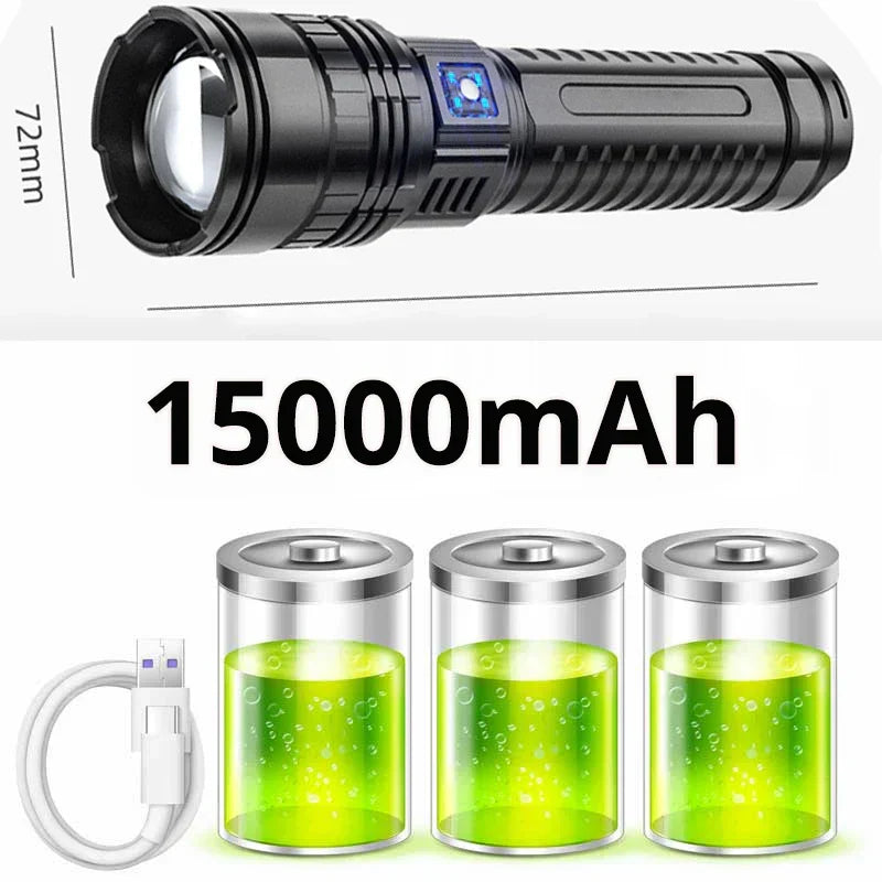 Compact 10000 Lumen LED flashlight, rechargeable and waterproof. Essential gear for outdoor, camping & emergency.