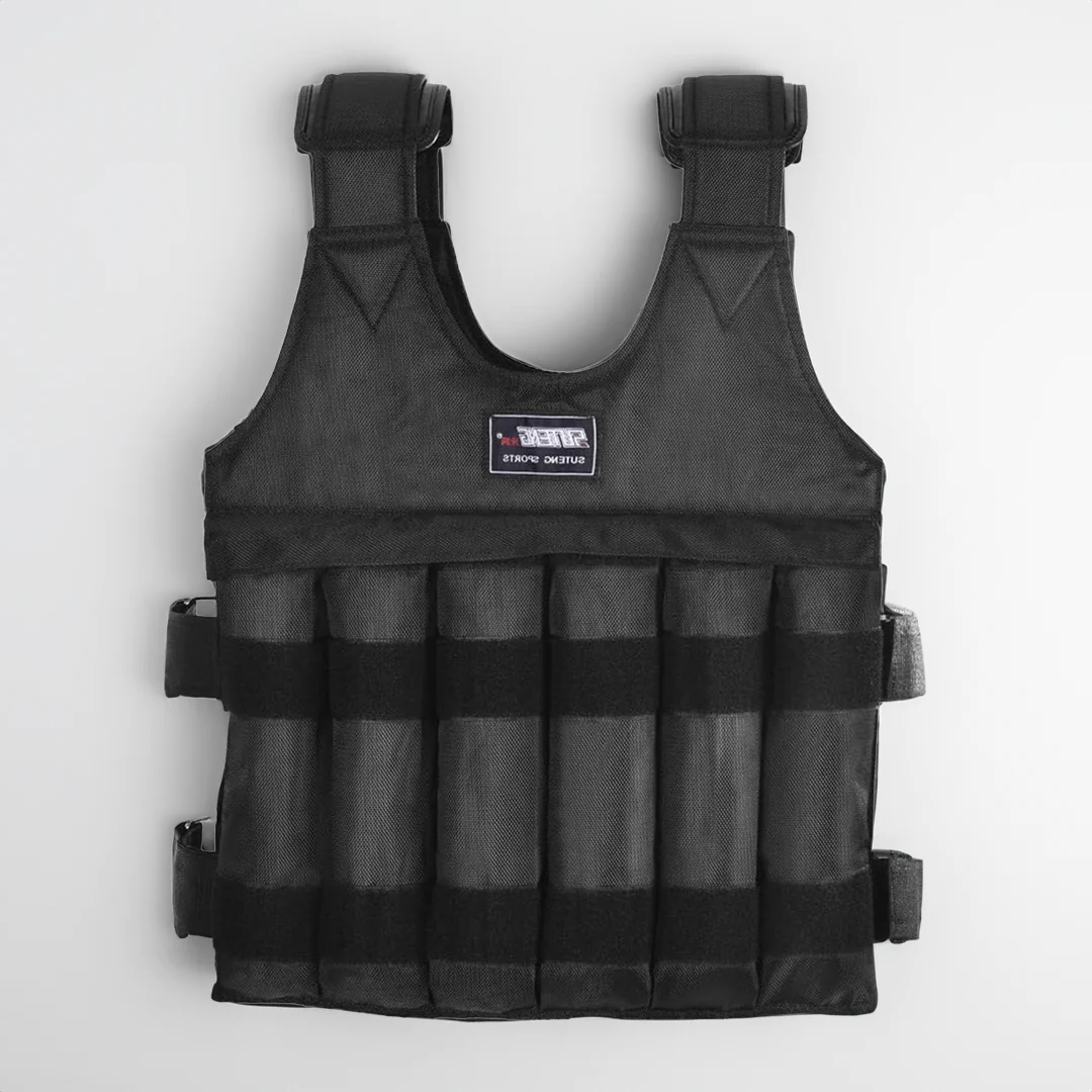 Black 110 lb adjustable weighted vest for challenging strength workouts & endurance training.