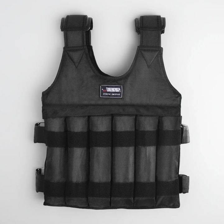 Black 110 lb adjustable weighted vest for challenging strength workouts & endurance training.