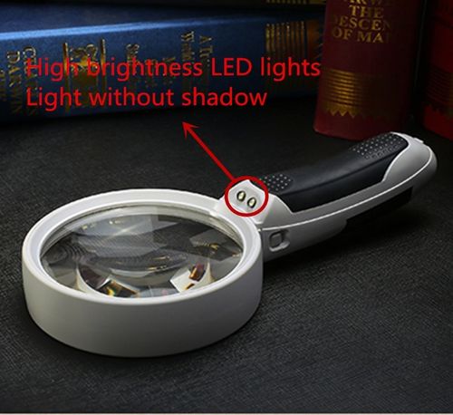 Detail of the easy-to-use power switch on the 20X LED magnifying glass, activating bright illumination.