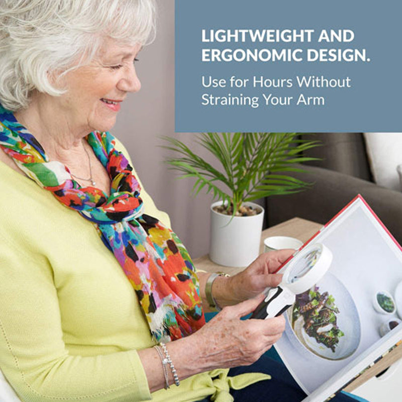 Ergonomic 20X LED handheld magnifier for enhanced reading & detailed craft work. Great for low vision.
