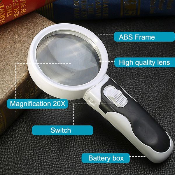 Elderly person comfortably reading a book using a 20X LED magnifying glass, improving clarity & reducing strain.