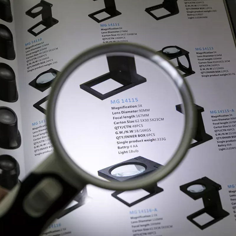 Hands using a 20X LED optical magnifier to examine small parts for crafts, ideal for detailed hobbies & low vision.