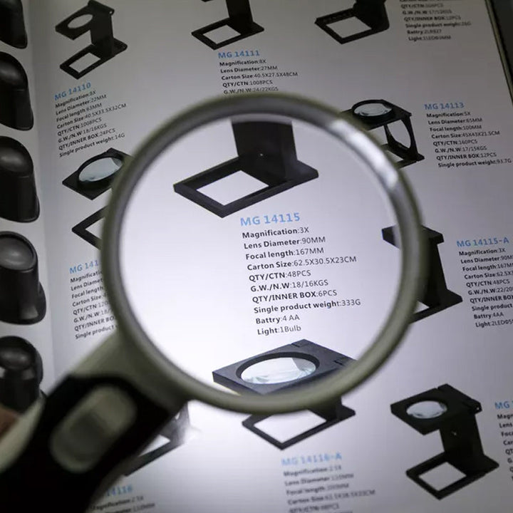 Hands using a 20X LED optical magnifier to examine small parts for crafts, ideal for detailed hobbies & low vision.
