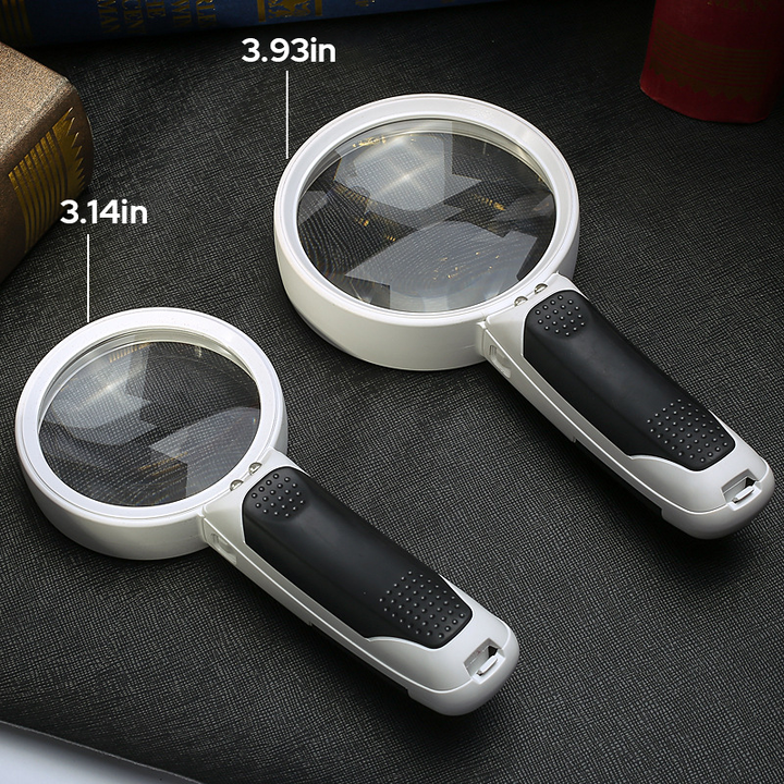 Close-up of the large lens of the 20X LED magnifying glass, showing powerful optical clarity for reading.