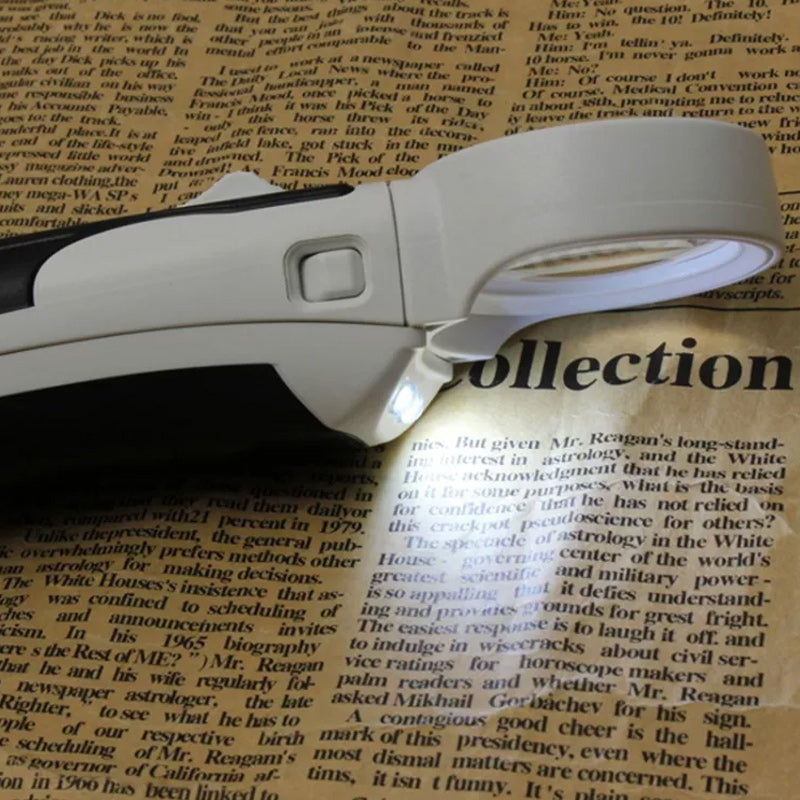 The 20X LED magnifying glass laying on a table next to a book, ready to enhance reading for seniors.