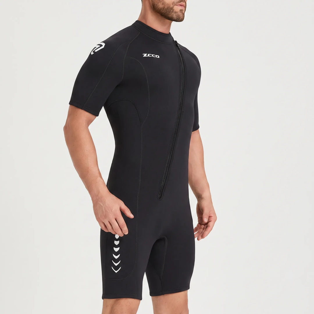 Front zip 3mm shorty wetsuit, athletic apparel for surfing, swimming, & diving with unrestricted movement.