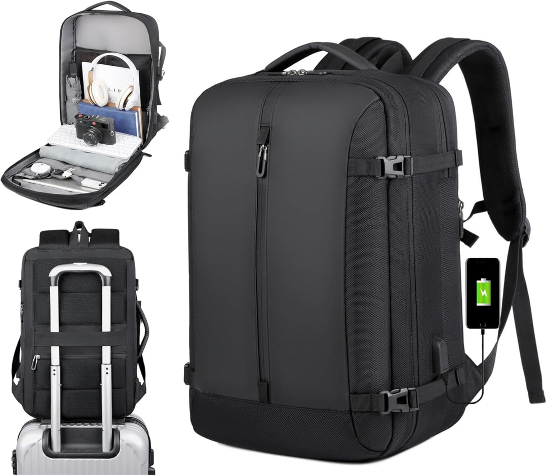 Unisex 40L expandable travel backpack with USB charging port & 17-inch laptop sleeve, perfect for carry-on.