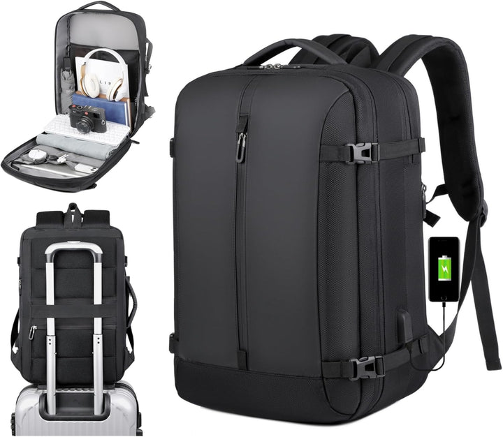 Unisex 40L expandable travel backpack with USB charging port & 17-inch laptop sleeve, perfect for carry-on.