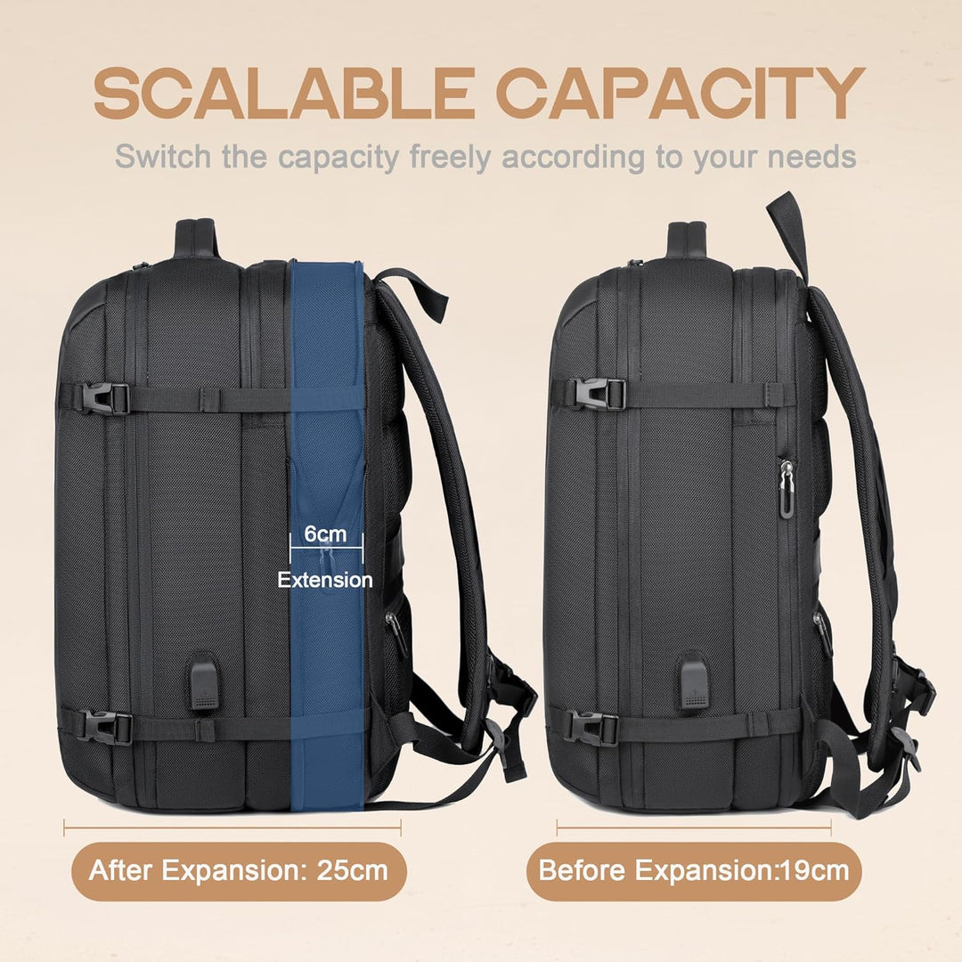 Spacious 40L carry-on backpack featuring integrated USB charger & dedicated sleeve for a 17-inch laptop.