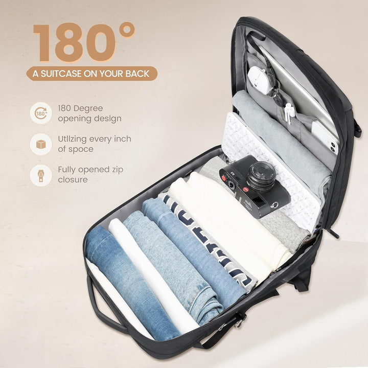 Efficient carry-on travel backpack for flights, 40L capacity, with USB port & protective 17-inch laptop sleeve.