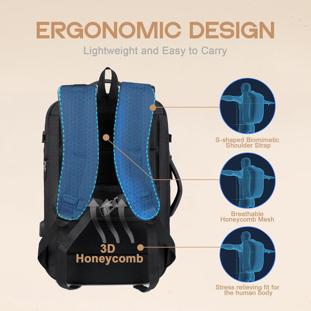 Comfortable 40L unisex travel backpack, designed for easy carry-on with USB charging & 17" laptop protection.