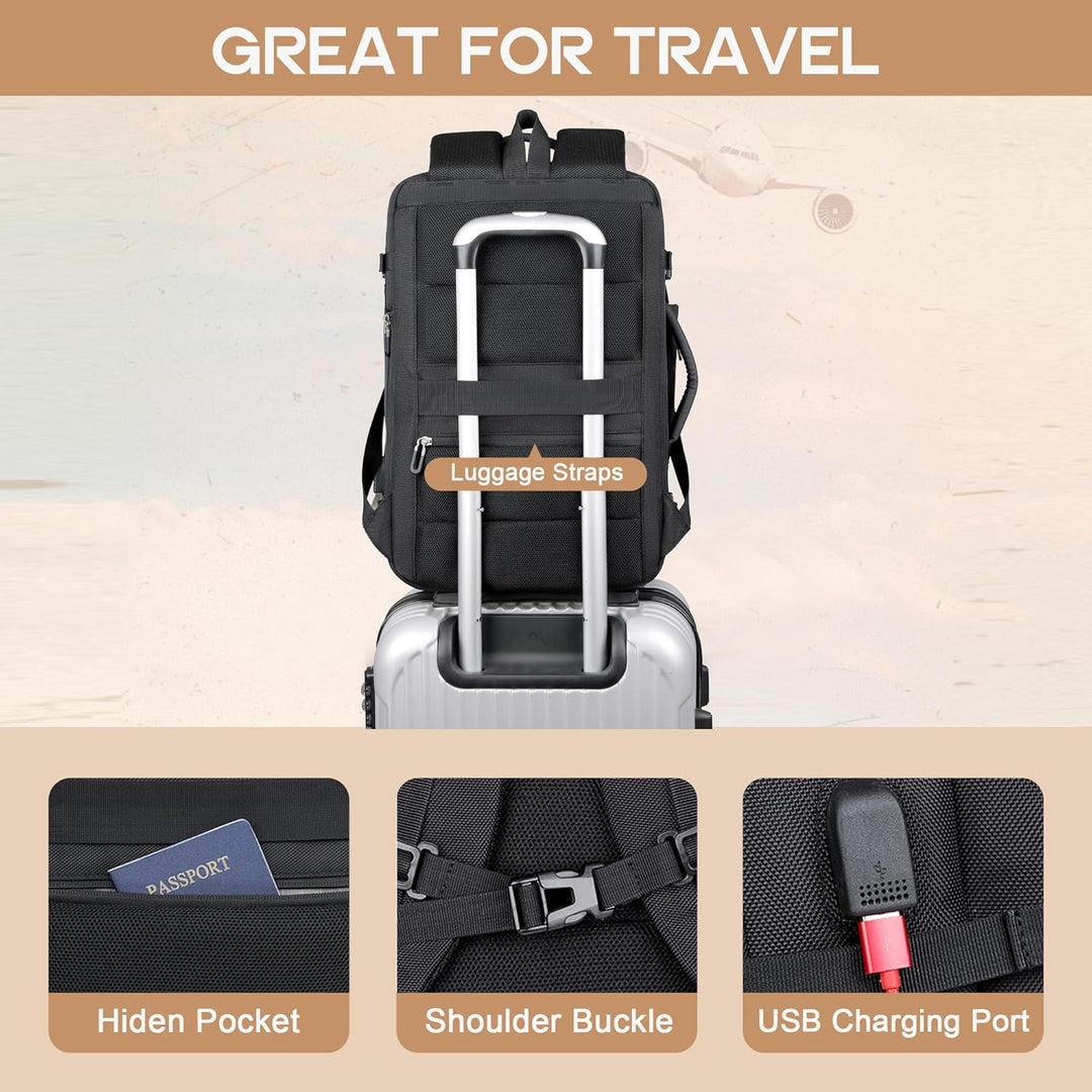 Durable & versatile 40L travel backpack, ideal for commuters & travelers, includes USB and 17" laptop sleeve.