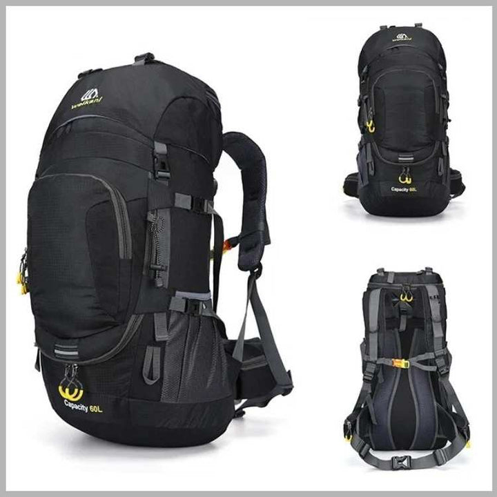 Unisex 60L waterproof adventure backpack, perfect for hiking, camping, & travel. Durable outdoor gear.
