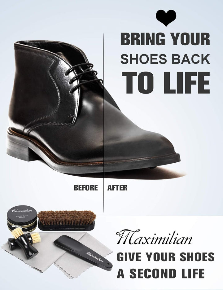 Close-up of a shoe shine kit with brushes, shoe cream, and polishing cloth, ideal for leather shoes.