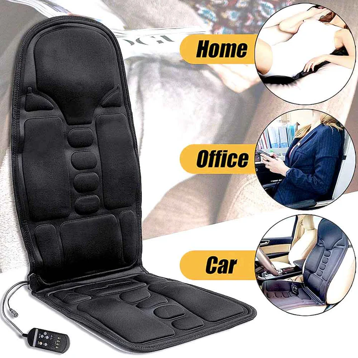 Portable heated massage chair pad for home, office, or car. Features 8 modes for back & neck stress relief.