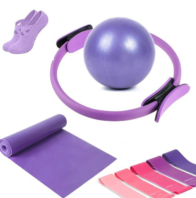 Unisex 9-piece home Pilates kit with ring, ball, and bands for full body strength, balance, and flexibility.