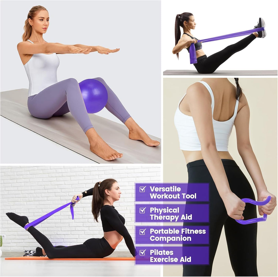 Versatile 9-piece Pilates exercise kit including ring, ball, resistance bands & non-slip socks for yoga & fitness.