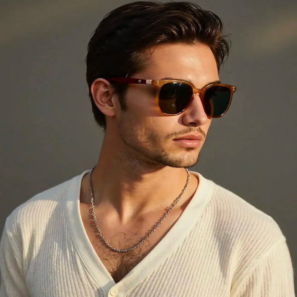 Luxury unisex sunglasses with a distinctive wood and acetate frame, offering comprehensive UV protection.