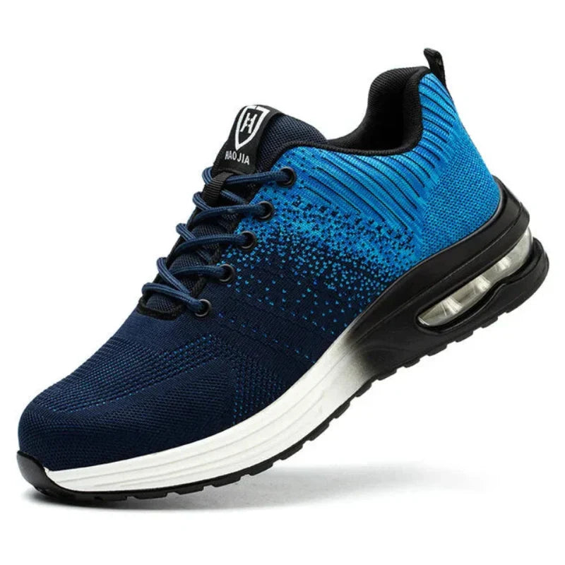 Industrial safety shoes with steel toe & puncture resistance. Unisex work sneakers with air cushion for comfort.
