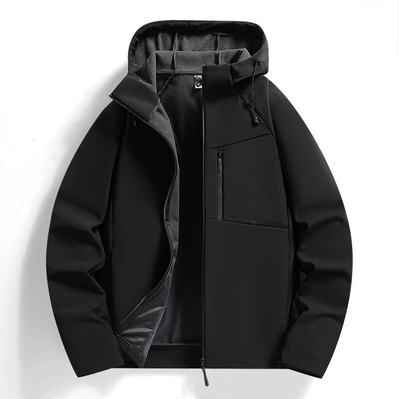 Durable outdoor hooded jacket, rain-resistant windbreaker, fleece-lined, great for men and women