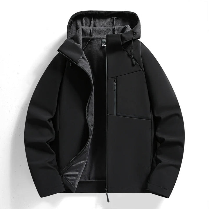 Durable outdoor hooded jacket, rain-resistant windbreaker, fleece-lined, great for men and women