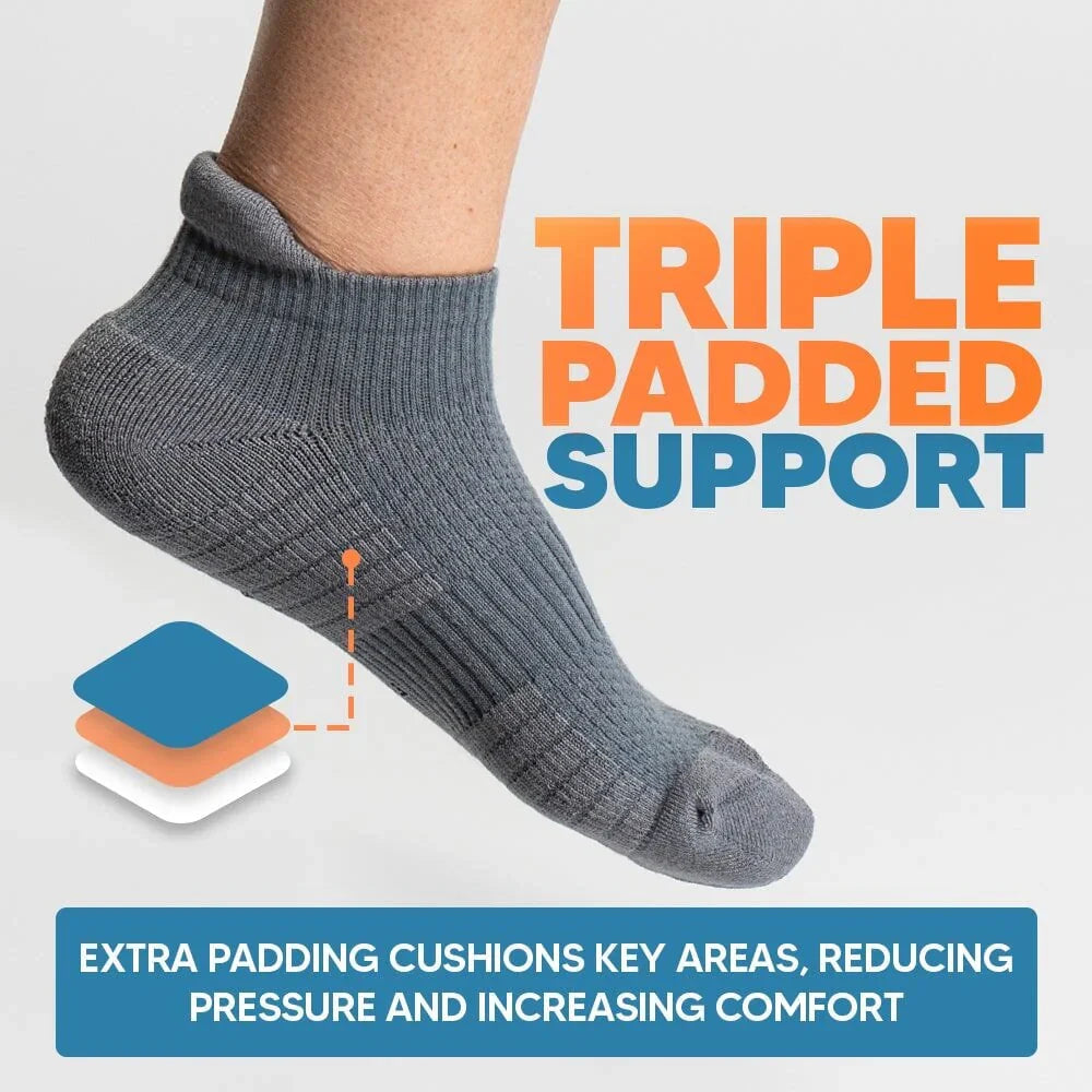 Model wearing black unisex ankle compression socks, showcasing their everyday wear appeal