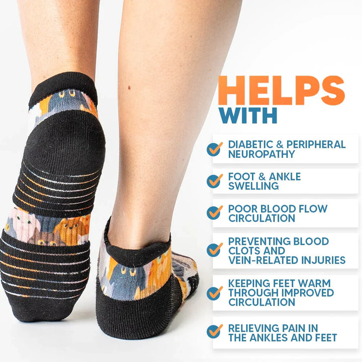 Packaging for unisex ankle compression socks, emphasizing circulation and footcare benefits