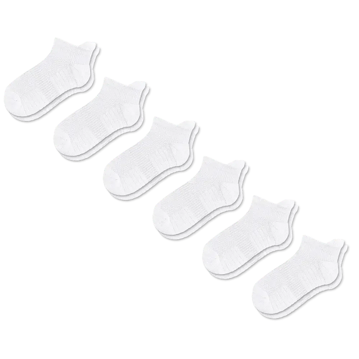 Stack of multiple pairs of unisex ankle compression socks, great for sport and daily use