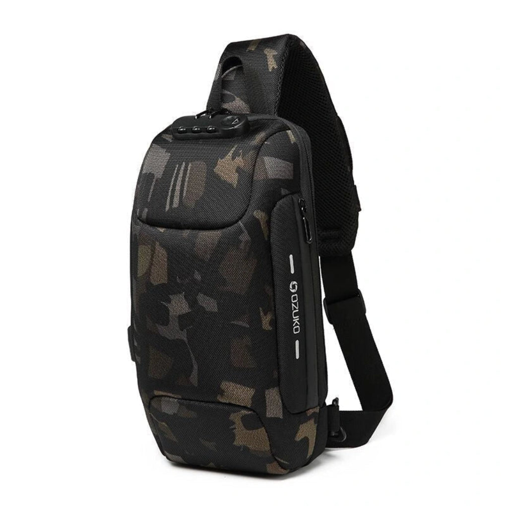 Functional unisex anti-theft sling bag. Features secure compartments, external USB port for charging devices on the go.