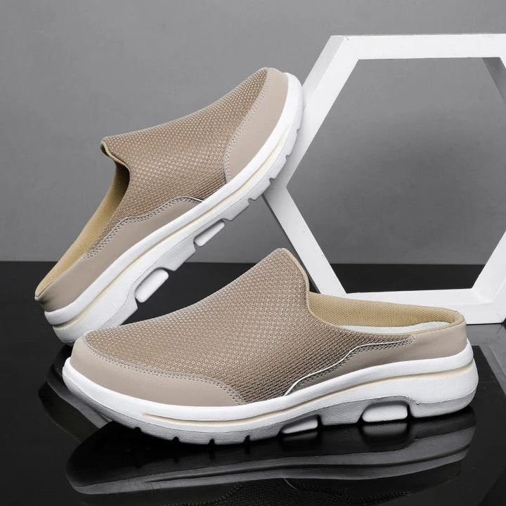 Rear view of the backless design on a pair of comfortable slip-on sneaker slides.