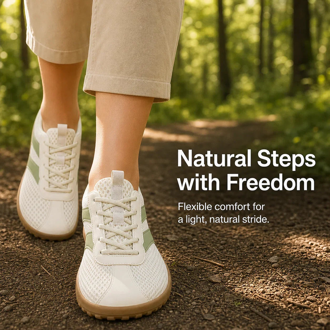Flexible sole barefoot footwear, wide toe box, perfect for activewear & walking.