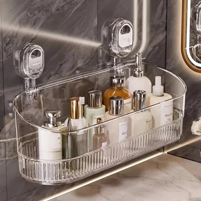 Unisex bathroom suction cup organizer rack for shower essentials, wall-mounted, no-drill storage.