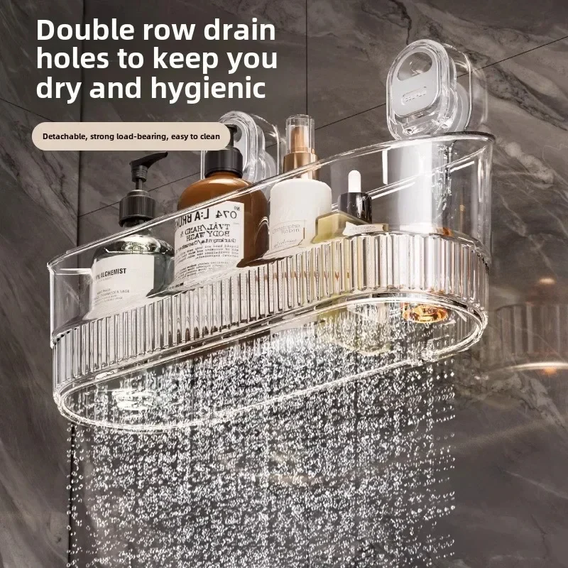Wall-mounted suction cup organizer rack for bathroom, keeping toiletries tidy and accessible.