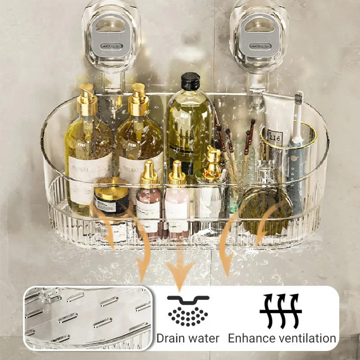 Efficient home organization with a suction cup bathroom storage rack, perfect for no-drill wall mounting.
