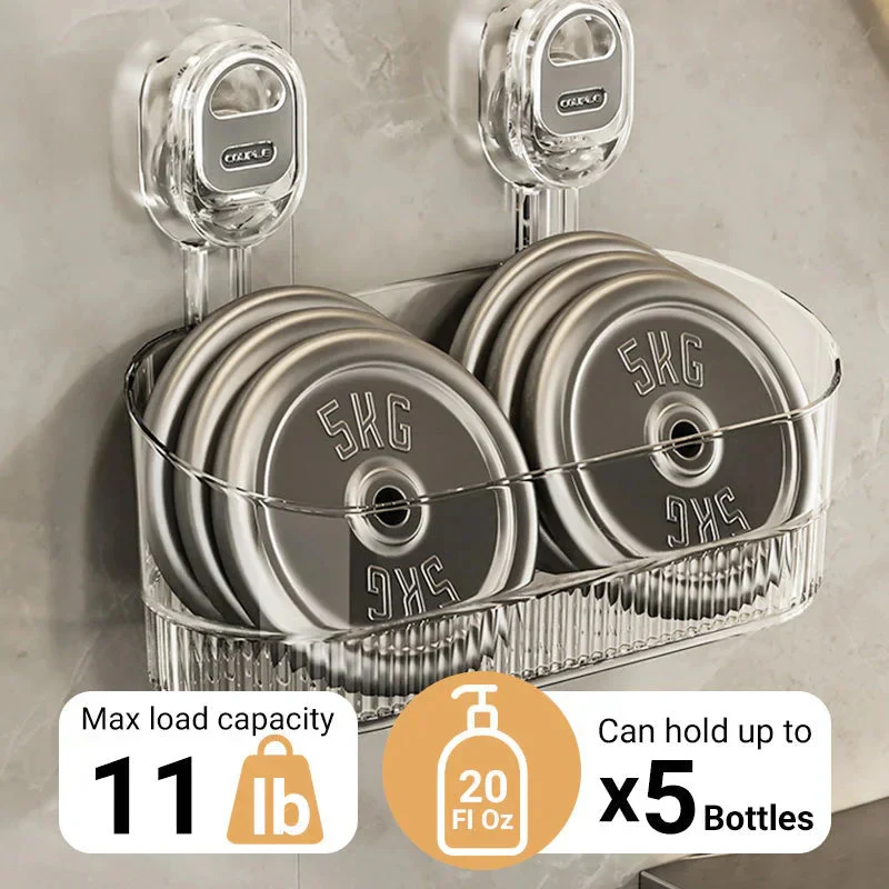 Durable suction cup shower caddy and organizer rack, provides convenient wall storage for bath essentials.