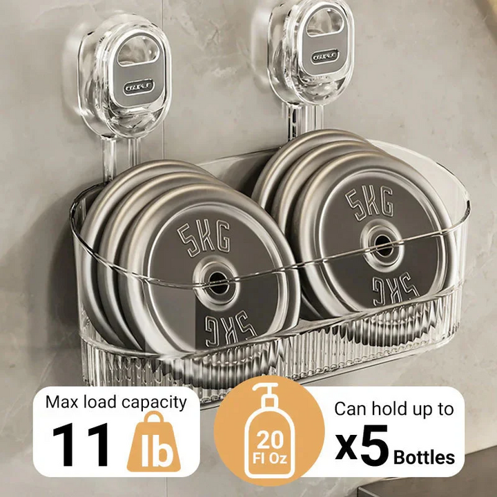 Durable suction cup shower caddy and organizer rack, provides convenient wall storage for bath essentials.