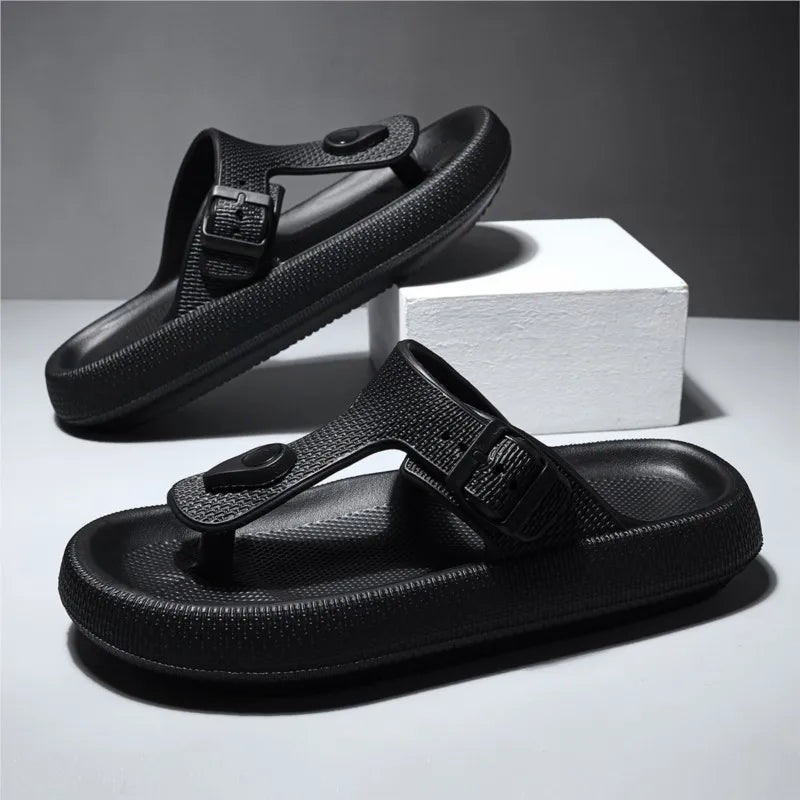 Unisex black cushioned comfort slide sandals, side view, perfect for casual summer wear.