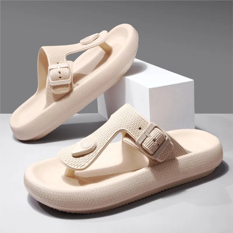 Unisex white comfort slide sandals with thick sole, ideal slip-on footwear for summer.