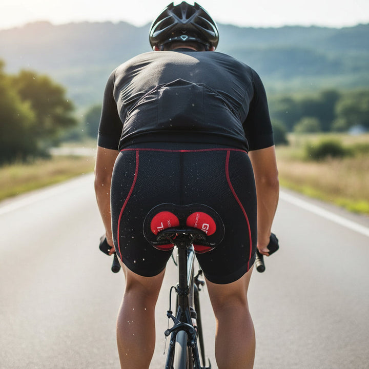 Unisex black gel-padded cycling shorts for comfortable road & mountain biking, offering pain relief.