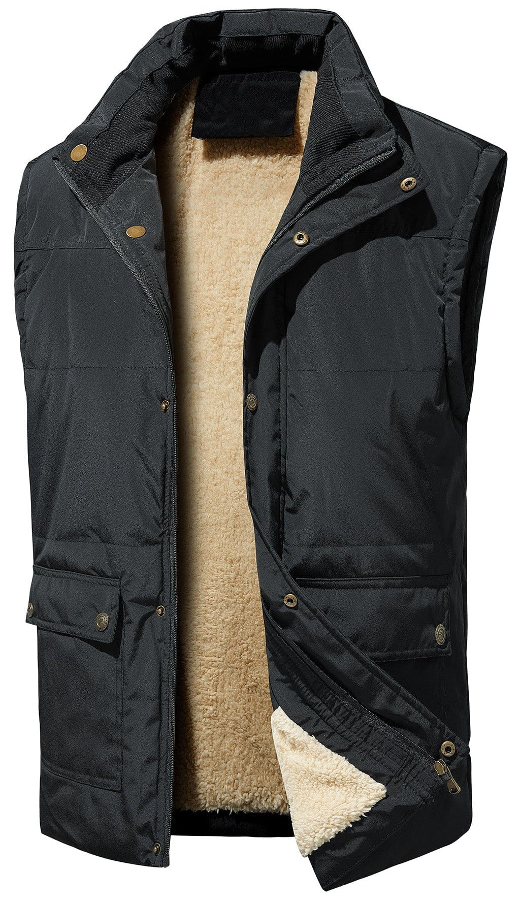 Unisex black insulated hooded puffer vest, front view, perfect for winter outerwear