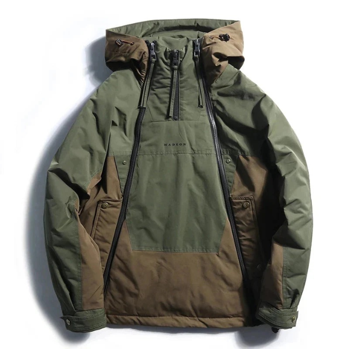 Back view of men's and women's insulated techwear jacket with multiple pockets