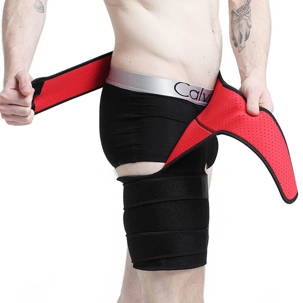 Adjustable red hip support brace for osteoarthritis, sciatica & joint pain relief, mobility aid.