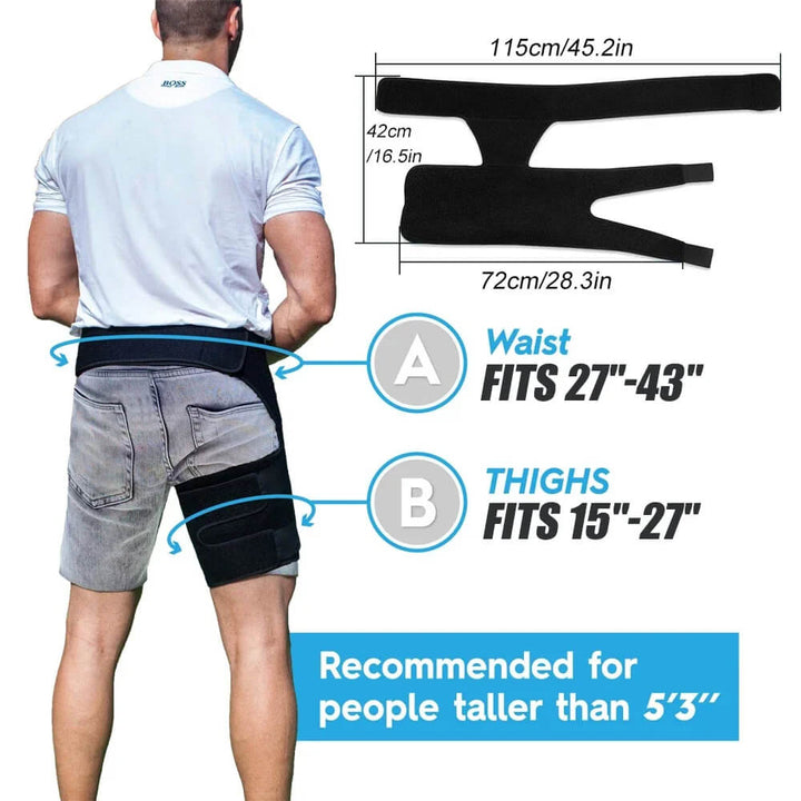 Unisex adjustable hip support brace, black, aids rehabilitation & mobility for hip pain relief.