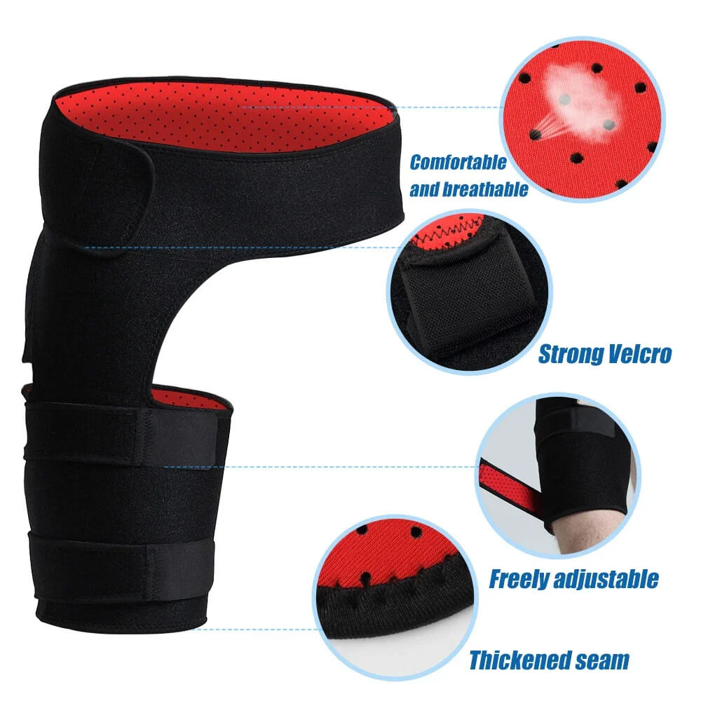 Orthopedic hip compression brace, black, offers joint support & pain relief for hip discomfort.