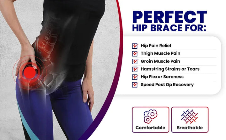 Red adjustable orthopedic hip support brace for men & women, targets hip pain & improves mobility.